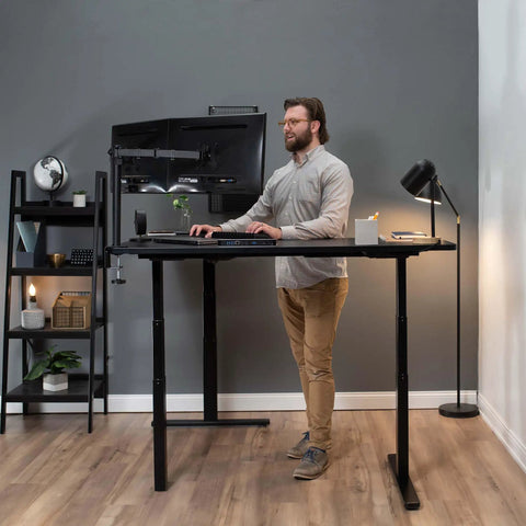Rocking This VIVO L-Shaped Corner Standing Desk For Your Office Home Setup With Height Adjustable Ergonomic Features, user standing.