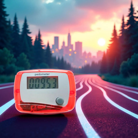 Red Portable Mini Digital LCD Pedometer That Tracks Steps Distance Calories Burned Exercise Time And Daily Target With Accurate Sensor Tech For Walking Running And Fitness On The Go on a track