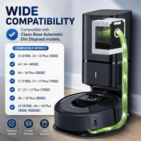 Image of a Roomba i series vacuum connected to a Clean Base with a list of compatible models displayed in the background.