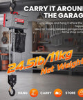 Lightweight Mini Electric Chain Hoist 1100 Lb Capacity With Two Speed Pendant Control features net weight of 24.5 lb in garage setting.