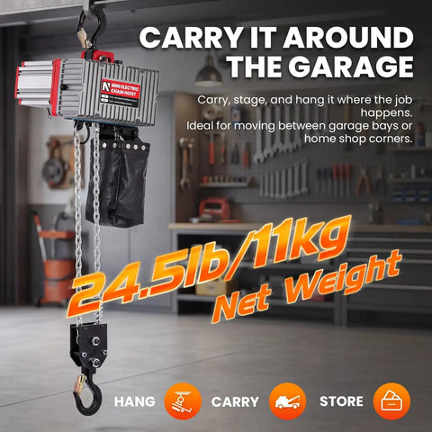 Lightweight Mini Electric Chain Hoist 1100 Lb Capacity With Two Speed Pendant Control features net weight of 24.5 lb in garage setting.