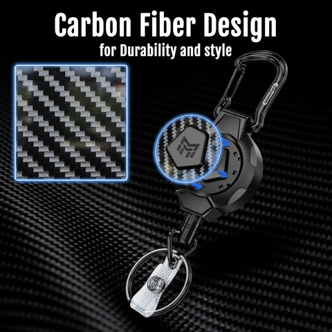 Heavy Duty Retractable Keychain Set 2 Pack With 10 Oz Tension 31.5 Inch Stainless Cord 3K Carbon Fiber Reel close-up