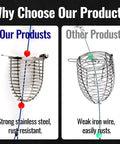 Comparison between strong stainless steel bait cage and weak iron wire alternative for Pro Grade Stainless Steel Bait Cage Ten Pack For Carp And Catfish Fishing, Large 2.3 Inch Chum Rig Basket, Bait Holder And Feeder Basket For Freshwater And Saltwater Tackle Accessories.