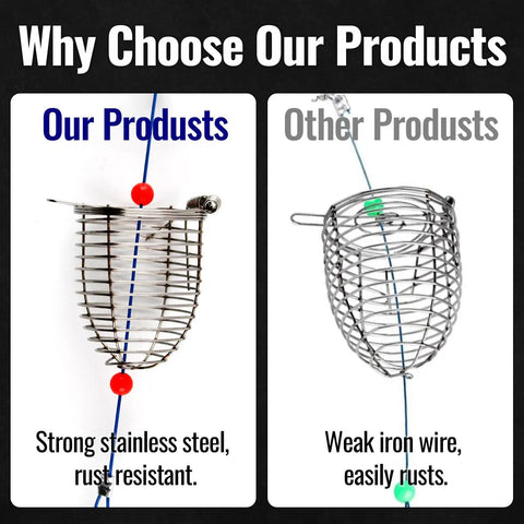 Comparison between strong stainless steel bait cage and weak iron wire alternative for Pro Grade Stainless Steel Bait Cage Ten Pack For Carp And Catfish Fishing, Large 2.3 Inch Chum Rig Basket, Bait Holder And Feeder Basket For Freshwater And Saltwater Tackle Accessories.