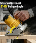 Real Deal Cordless Circular Saw Featuring A Beefy Eight Thousand RPM Motor And No Frills Bare Tool Build cutting at a 45° angle.