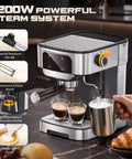Effortless Home Barista Kit Compact Espresso Machine With 20 Bar Pump And Quick Milk Frother Led Touch Control Coffee Maker brewing espresso with steam system.
