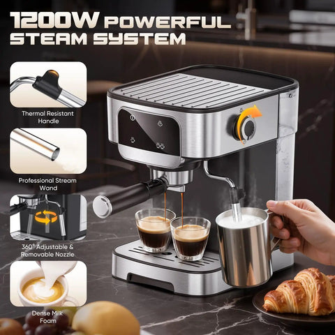 Effortless Home Barista Kit Compact Espresso Machine With 20 Bar Pump And Quick Milk Frother Led Touch Control Coffee Maker brewing espresso with steam system.