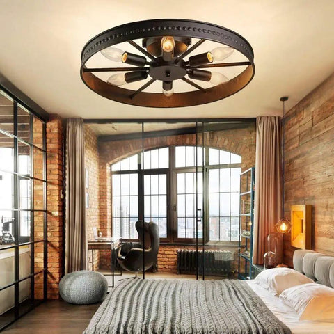 Rustic 6 Light Slick Metal Ceiling Light Fixture In Black With Industrial Round Spoke Wheel Design Semi Flush Mount Farmhouse Chandelier For Kitchen Island Dining Room Entryway Bedroom Hallway Living Room