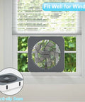 10 Inch Box Fan With 3 Speeds And 8 Hour Timer Quiet Square Window Fan for Bedroom Office Kitchen Home Apartment RV Camping Energy Efficient DC Adapter Powered Includes USB Type C Cord Keeps Rooms Cool shown in a window with anti-slip base
