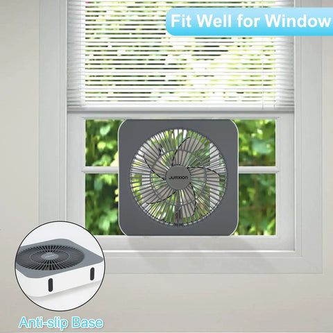 10 Inch Box Fan With 3 Speeds And 8 Hour Timer Quiet Square Window Fan for Bedroom Office Kitchen Home Apartment RV Camping Energy Efficient DC Adapter Powered Includes USB Type C Cord Keeps Rooms Cool shown in a window with anti-slip base