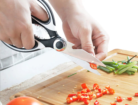 Heavy Duty Kitchen Scissors 2 Pack All Purpose Shears For Food Prep Stainless Steel Rust Resistant Extra Sharp Cutting Power Tough As Nails Multi Purpose Kitchen Scissors Set For Meat Veggies Poultry And Seafood, cutting red chili on cutting board
