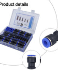 Rock Solid 80 Piece Straight Push Tube Connector Kit For Pneumatic Air Hose In Various Sizes From 5/32 Inch To 1/2 Inch OD Fitting Set Compatible With PU PA PE PVC Nylon Pipe High Pressure Rated At 1 Point Five MPA Bold Black And Blue Colors, 80-piece connector case