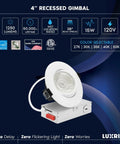 Four Inch Led Recessed Can Lights Featuring Glide Around Gimbal Head Five Daylight Choices Zero Hassle Dimmable Switches Rock Solid Construction Certified For Damp Zones Clean Matte White Cover Complete Set Includes Twelve showcasing a sleek design with adjustable gimbal.