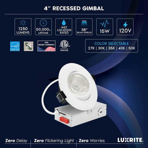 Four Inch Led Recessed Can Lights Featuring Glide Around Gimbal Head Five Daylight Choices Zero Hassle Dimmable Switches Rock Solid Construction Certified For Damp Zones Clean Matte White Cover Complete Set Includes Twelve showcasing a sleek design with adjustable gimbal.