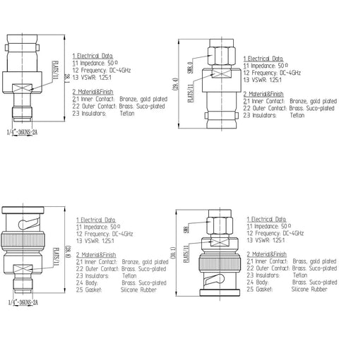 Technical drawings of BNC to SMA Coax Adapter for Baofeng UV-5R Ham Radio, HT Antenna, Scanner and SDR Dongle, dimensions shown