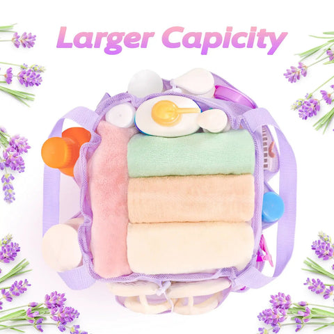 Top view of Mesh Shower Caddy With Drawstring Closure Portable Organizer 11x9.9x9.9 inches, filled with bath essentials.