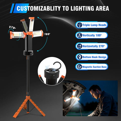 Rugged 12000mAh Camping Light With Stand Crazy Bright 10000 Lumen Dimmable Cordless Work Light With Three LED Heads Magnetic Emergency Flashlight And 79 Inch Detachable Tripod For Outdoors shown with adjustable LED heads and tripod.