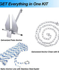 Portable Galvanized Fluke Anchor Kit For 12 To 22 Foot Boats Includes 8 Lb Fluke Anchor, 75 Ft Nylon Rope, 6.5 Ft Chain, And 2 Hot Dipped Shackles