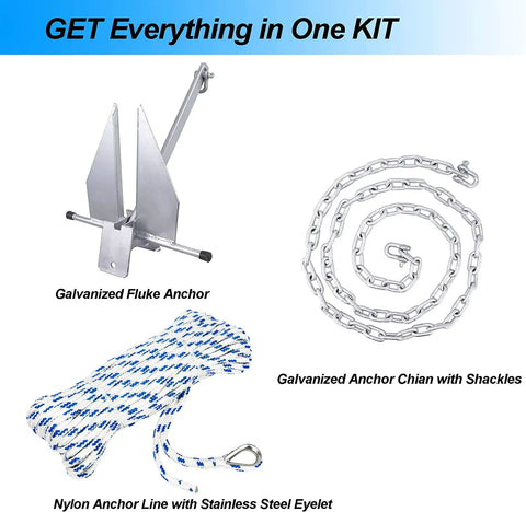Portable Galvanized Fluke Anchor Kit For 12 To 22 Foot Boats Includes 8 Lb Fluke Anchor, 75 Ft Nylon Rope, 6.5 Ft Chain, And 2 Hot Dipped Shackles
