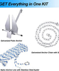 Portable Galvanized Fluke Style Anchor Kit With Seventy Five Foot Three Eighths Inch Nylon Rope, Six Point Five Foot Five Sixteenths Inch Chain, Two Five Sixteenths Inch Shackles, Ideal For Boats Sixteen To Twenty Six Feet, Great For River Currents.