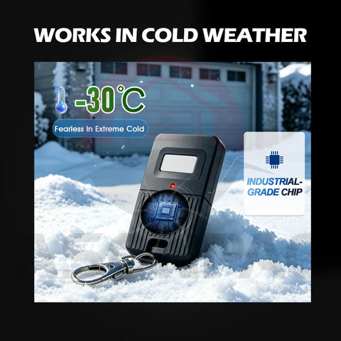 Delta 3 Garage Door Remote Replacement 310MHz with 8 Dip Switches, durable in cold weather, shown in snow with keychain clip.