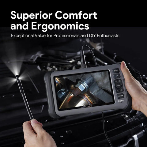 Hands holding 7 Inch IPS Endoscope With Lights And 1080P Triple Lens Borescope displaying a close-up inspection image.
