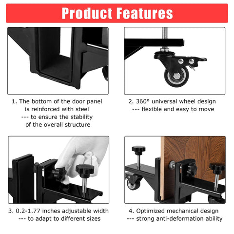 Heavy Duty Door Dolly Kit With Wheels For 0 To 2.12 Inch Thick Doors, 2 Piece Adjustable Door Installation Set, Supports Up To 750 Lbs, Great For Commercial And Residential Use, Smooth Roll, Durable Black shown with steel reinforced design, adjustable width, and 360-degree wheels.
