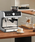 Pro Grade Espresso Coffee Machine With Built In Grinder And 20 Bar Pump Featuring Fast Steam Milk Frother Wand on kitchen counter.