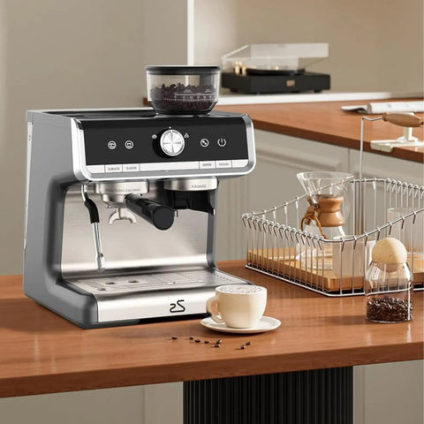 Pro Grade Espresso Coffee Machine With Built In Grinder And 20 Bar Pump Featuring Fast Steam Milk Frother Wand on kitchen counter.