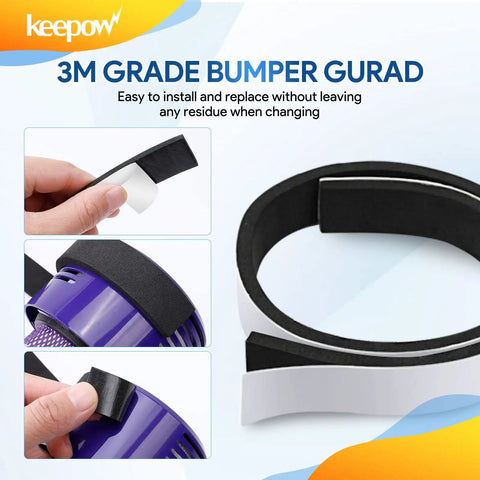 Replacement Soft Bumper Guard For IRobot Roomba 600 700 800 Series And Neato Robot Vacuums showing 3M grade bumper installation process.