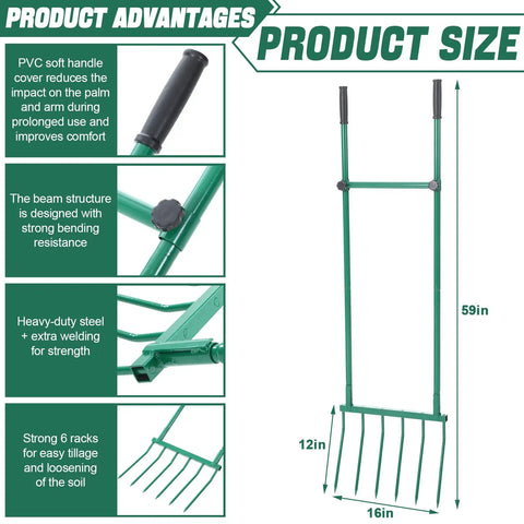 Heavy Duty Garden Broadfork With Dual Handles, 59 Inch Long Steel Pitch Fork, 16 Inch Wide Broadfork With 6 Steel Tines, U-Shaped Hand Tiller dimensions and features diagram