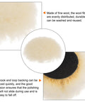 Close-up of a 3 inch wool buffing pad showing fine wool fibers and strong hook loop backing for car detailing.