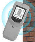 Beam Finder for Walls LCD Display Audio Alarm Leveler Detector Tool scanning a brick wall with depth recognition display.