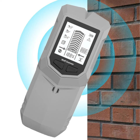 Beam Finder for Walls LCD Display Audio Alarm Leveler Detector Tool scanning a brick wall with depth recognition display.