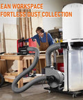 Workshop with person using Thickened Dust Collector Bags 31x43 Inch 6 Mil Clear Plastic for large 70 gallon dust collectors
