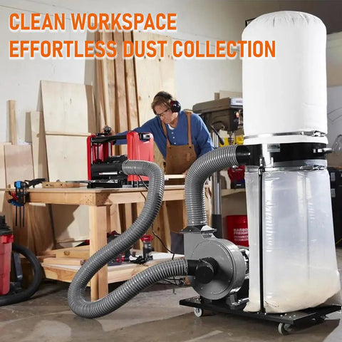 Workshop with person using Thickened Dust Collector Bags 31x43 Inch 6 Mil Clear Plastic for large 70 gallon dust collectors