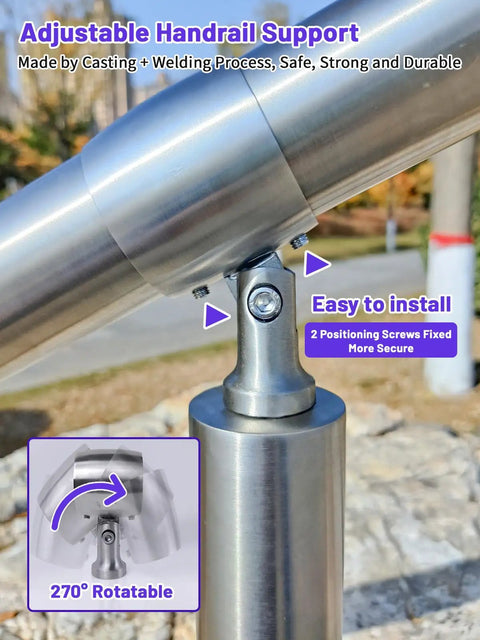 Adjustable handrail support for Hella Sturdy 3 Step Outdoor Handrail With Zero Sweat Diy Install Pack And Rugged 304 Stainless Steel Build.