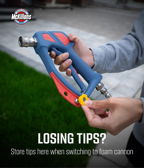 Person holding Swivel Gun Pro High Pressure Washer Handle With Three Eighths Inch Male Plug And One Quarter Inch Quick Connector Foam Cannon Compatible Power Washer Gun Nozzle Tips Holder Easy Kink Free Swivel For Quick Smooth Wash