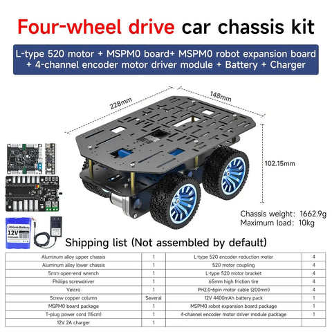 4WD Smart Chassis Car Kit With Aluminum Alloy Chassis And 520 Encoder Motor, 65mm Wheels, robotic moving platform in black