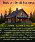 Hillside Homestead log cabin in Northern California with sunset sky and forest in background, promoting small business support.