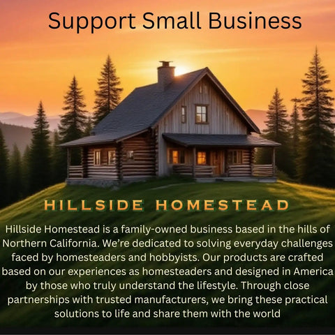 Hillside Homestead log cabin in Northern California with sunset sky and forest in background, promoting small business support.