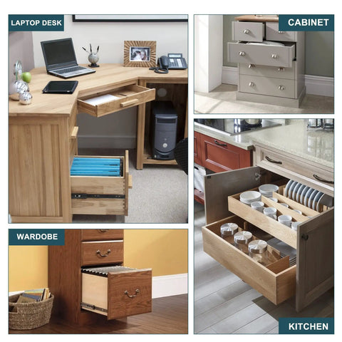 Workhorse 16 Inch Full Extension Drawer Slides With Soft Close in various furniture settings