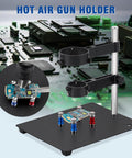 Hot Air Gun Holder With Four Flexible Magnetic Columns And Dual Adjustable Clamps for PCB rework soldering on circuit board.