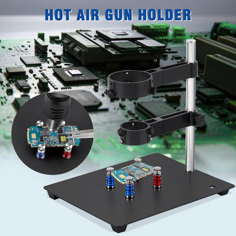Hot Air Gun Holder With Four Flexible Magnetic Columns And Dual Adjustable Clamps for PCB rework soldering on circuit board.