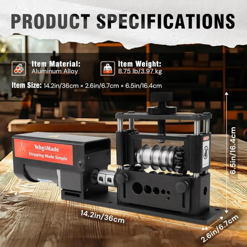 Automatic Wire Stripper Machine With Upgraded Motor for Fast Copper Wire Recycling, metal frame, dimensions shown.