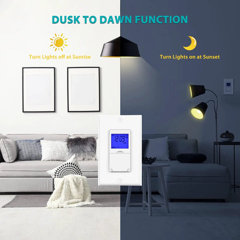 7 Day Programmable Astronomical In Wall Timer Switch For Lights, Fans And Motors, Single Pole, No Neutral, White, Dusk to Dawn