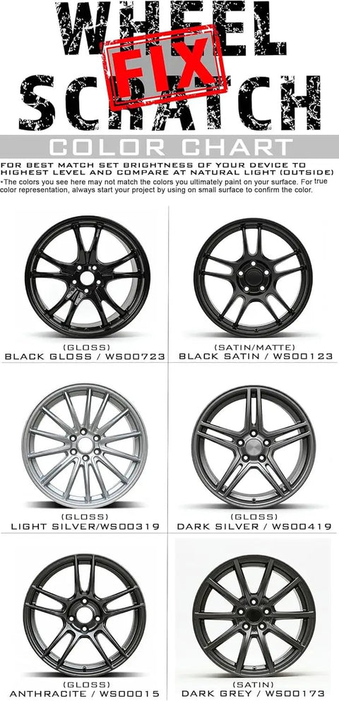 Color chart showcasing gloss and satin wheel rim finishes for DIY Pro-Grade Wheel Rim Touch Up Paint Kit.