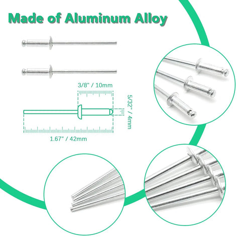 Aluminum Pop Rivets Kit 100 Count Dome Head Blind Rivets For Sheet Metal Five Thirty Second Inch Diameter And Three Eighth Inch Grip Length