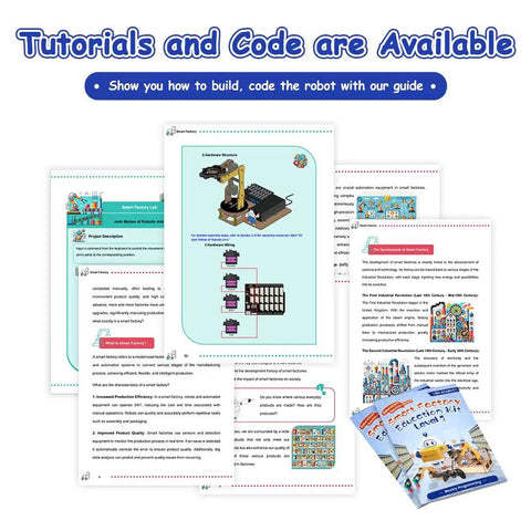Three In One ESP32 IoT Control Smart Factory Starter Kit For DIY Education Teens 12 Plus Compatible With Arduino Scratch Online Tutorials Includes Hands On Smart Robotic Arm Project Smart Production Line And Smart Warehouse Modules tutorial pages and guide