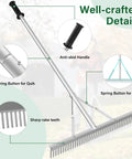 Aluminum Landscape Rake 36 Inch Head 67 Inch Handle Ideal For Lawn Care And Soil Loosening Leaves Weeds Garden Pond Beach Cleanup Outdoor Raking Tool Go To Heavy Duty Long Reach Rake For Yard And Garden showing well-crafted details, anti-skid handle, spring button, and sharp rake teeth.